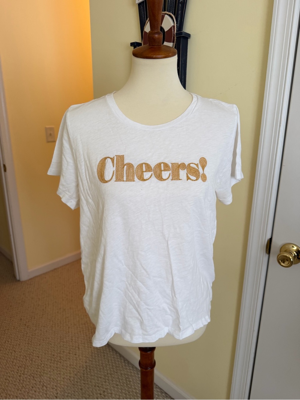 J. Crew White Short-Sleeve Tee with Gold "Cheers!" Graphic